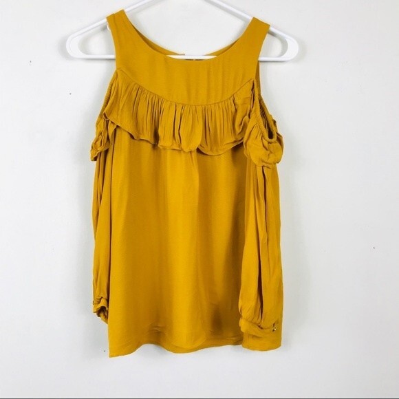 Anthropologie Maeve Brearly Open Shoulder Top Ruffle Blouse Yellow Boho 4 - Picture 5 of 13